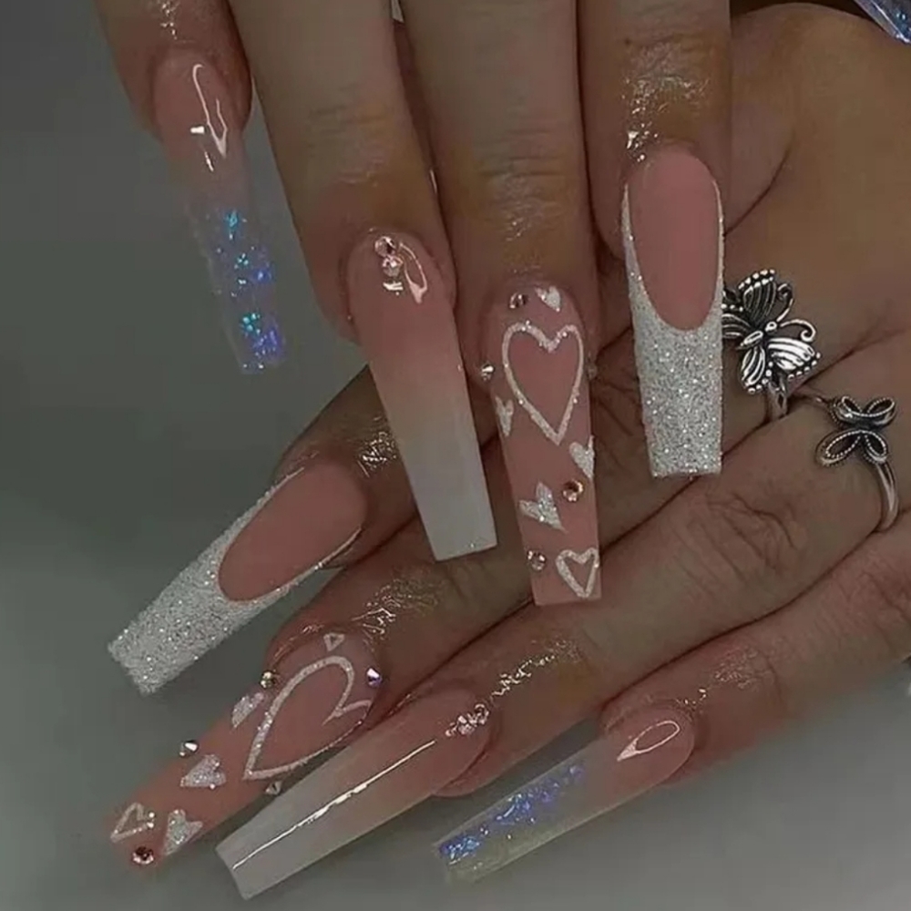 Press On Nails Pink With Glitter Hearts And Rhinestones